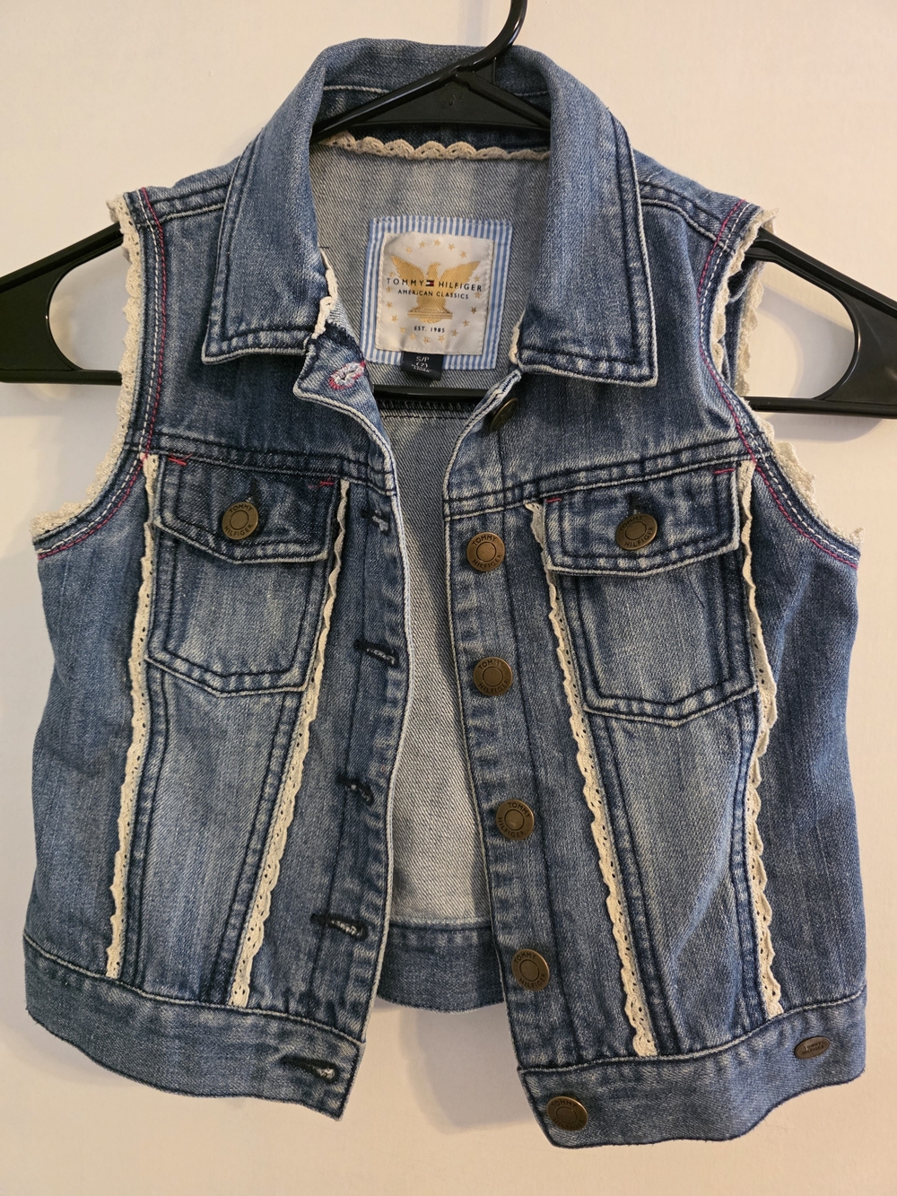 Tommy Hilfiger Girls Denim Vest Lace Trim Button Front Size 7